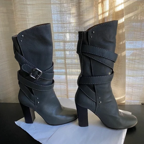 Chloe gray leather heel boots mid calf 36-6 slip on gray Italy under knee 14" hi